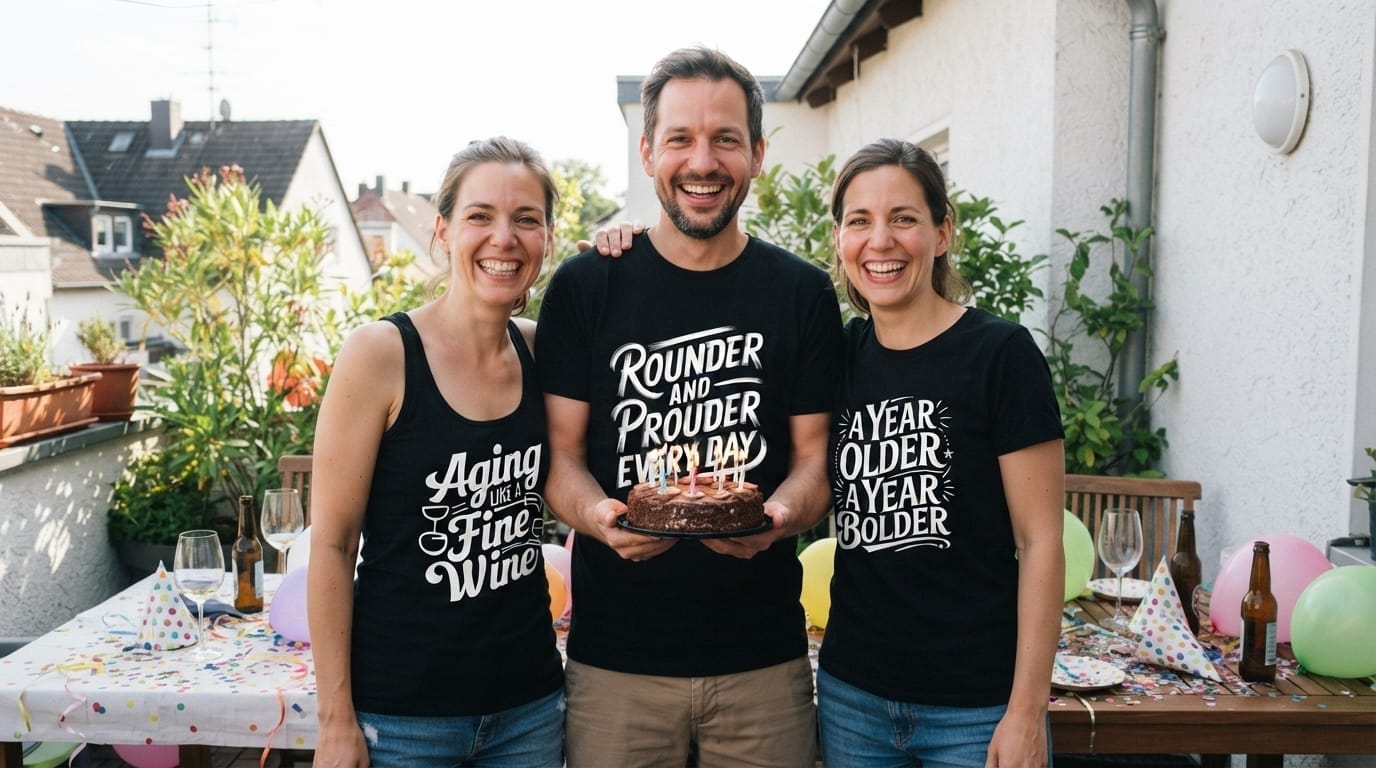 Drei Freunde feiern Geburtstag und tragen T-Shirts mit den Sprüchen „Aging Like A Fine Wine“, „Rounder And Prouder Every Day“ und „A Year Older A Year Bolder“